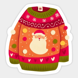 Cute Christmas sweater with Santa Claus and pom-poms. Colorful holiday illustration. Sticker